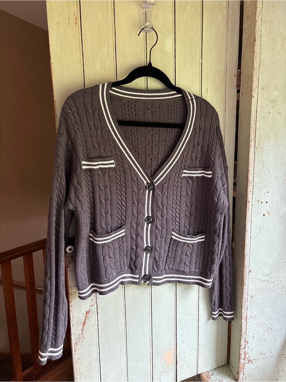 Cider Gray Cable Knit Cardigan with White Trim